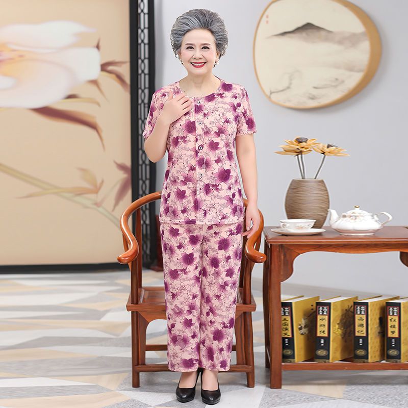 Grandma's summer clothes, elastic short-sleeved two-piece suit, middle-aged and elderly women's clothes, mothers, 60 years old and 70 years old, summer clothes, women