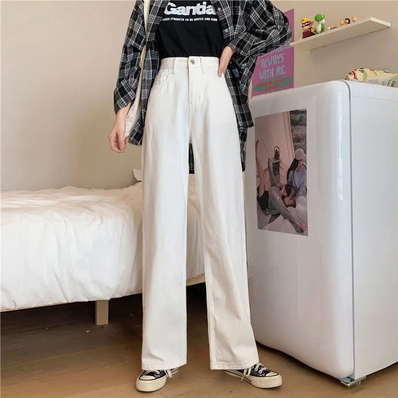 Small 150cm Korean version retro loose all-match white wide-leg pants women's high waist slim straight jeans