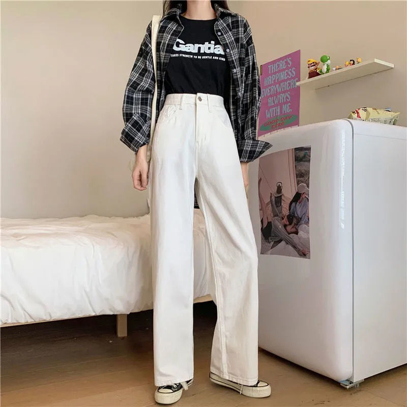 Small 150cm Korean version retro loose all-match white wide-leg pants women's high waist slim straight jeans