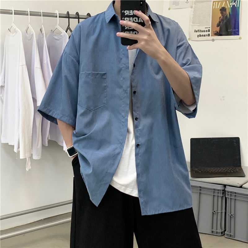 Short-sleeved shirt men's Hong Kong style Japanese handsome casual shirt summer new inch shirt solid color lazy style short-sleeved jacket