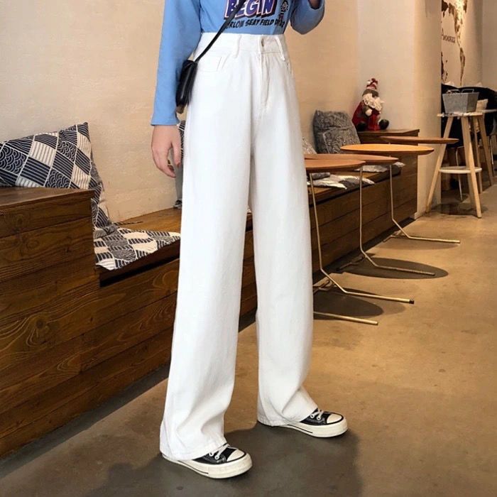 Small 150cm Korean version retro loose all-match white wide-leg pants women's high waist slim straight jeans