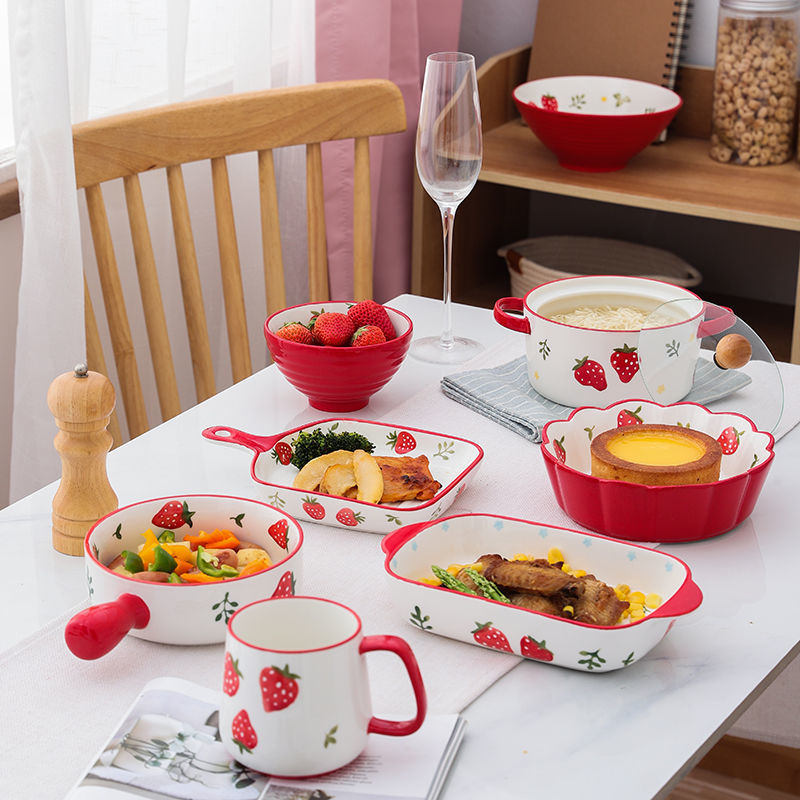 草莓手绘烤盘陶瓷餐具套装焗饭日式沙拉碗泡面碗网红手柄烘培烤碗