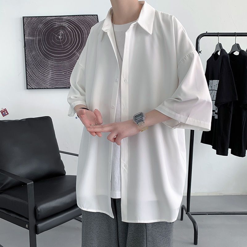 Plain ice silk high-quality shirt men's short-sleeved summer thin section ins trendy brand Hong Kong style loose shirt trendy coat