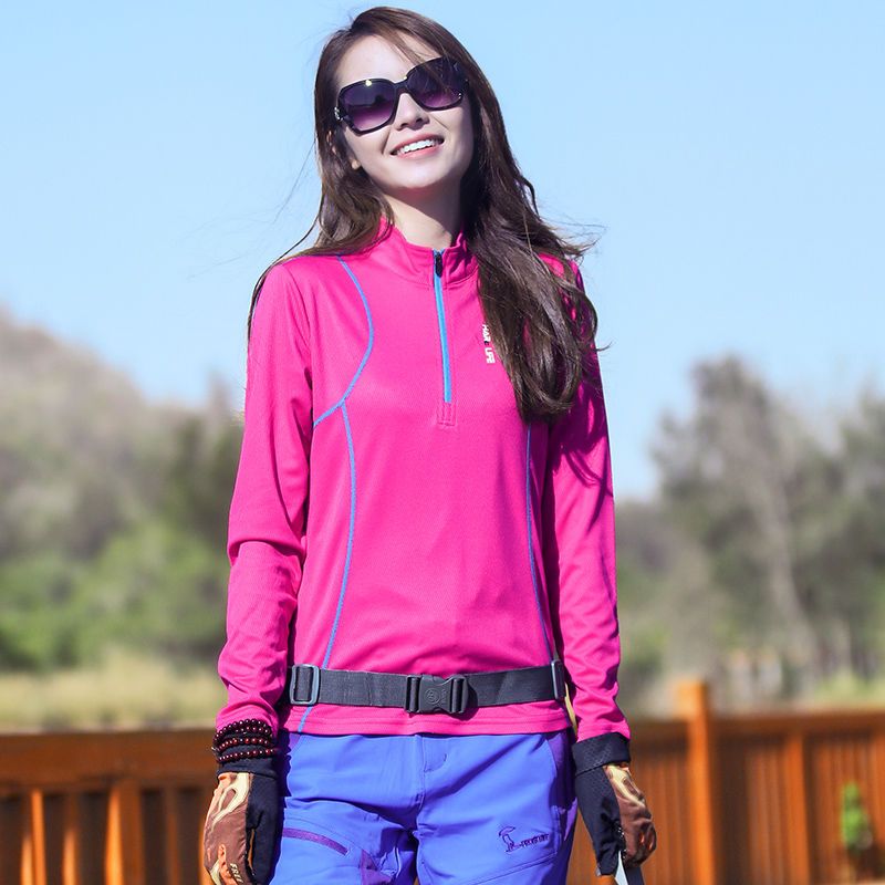 Frühlingsneues Hemd für Damen, Langarm-Sportbekleidung mit Stehkragen, Lauf-T-Shirt für draußen, atmungsaktives, dehnbares Wandern_voghion.com