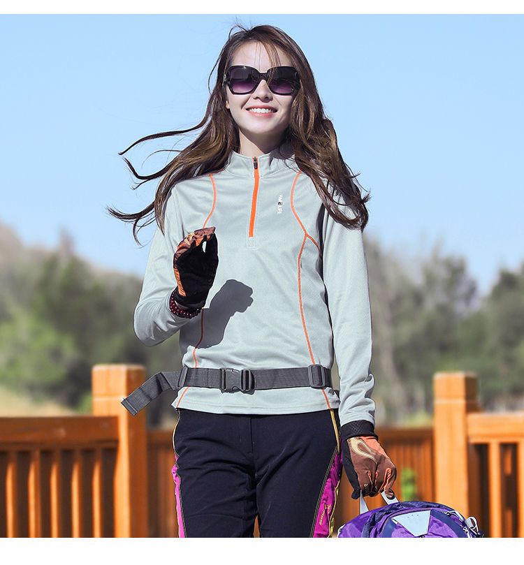 Frühlingsneues Hemd für Damen, Langarm-Sportbekleidung mit Stehkragen, Lauf-T-Shirt für draußen, atmungsaktives, dehnbares Wandern_voghion.com