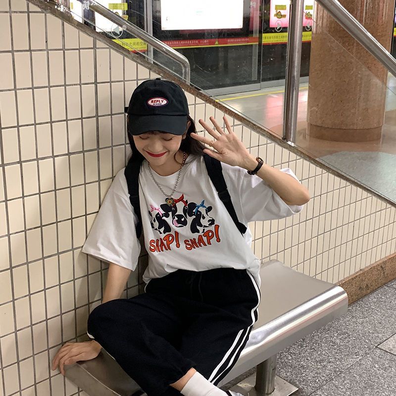 37796-2021新款夏季牛牛印花图案韩版宽松ins短袖休闲T恤女学生显瘦上衣-详情图