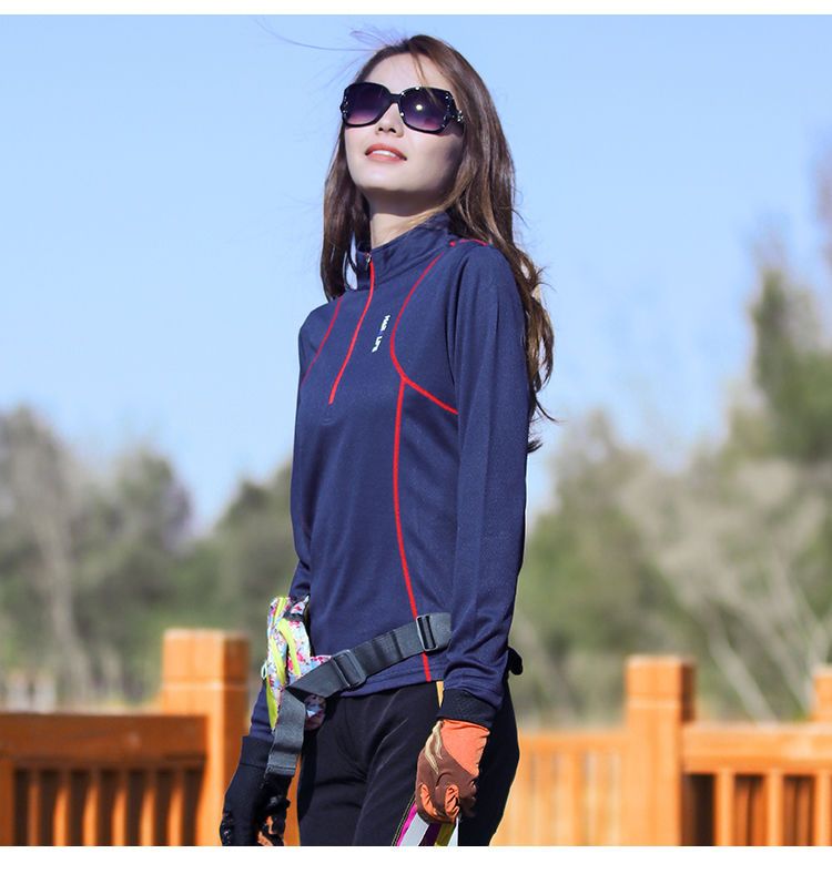 Frühlingsneues Hemd für Damen, Langarm-Sportbekleidung mit Stehkragen, Lauf-T-Shirt für draußen, atmungsaktives, dehnbares Wandern_voghion.com