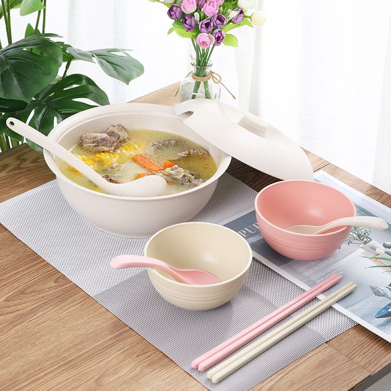 Wheat straw household bowls, chopsticks and dishes combination eating bowl heat insulation anti falling Nordic style dishes plastic tableware set