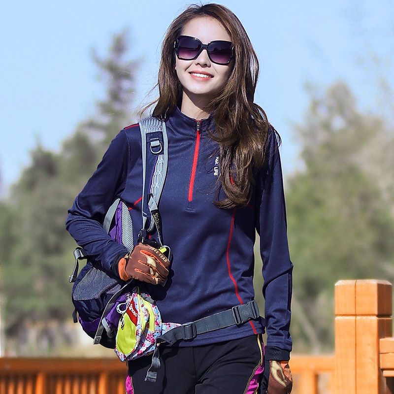 Frühlingsneues Hemd für Damen, Langarm-Sportbekleidung mit Stehkragen, Lauf-T-Shirt für draußen, atmungsaktives, dehnbares Wandern_voghion.com