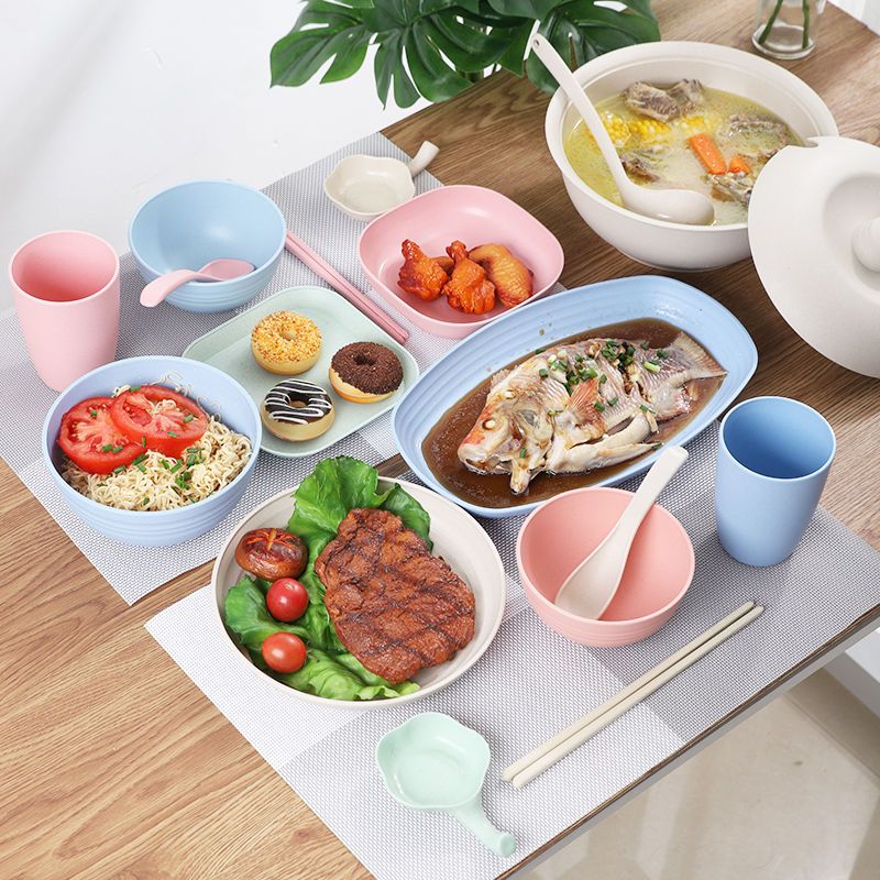 Wheat straw household bowls, chopsticks and dishes combination eating bowl heat insulation anti falling Nordic style dishes plastic tableware set