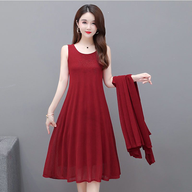 Chiffon Dress two-piece summer dress  new women's loose cover medium and long style over suit vest skirt