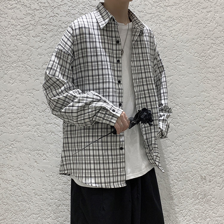 Plaid Shirt Men's Loose Hong Kong Style Retro Classic Korean Long-sleeved Shirt Men's Lazy Wind Coat Trendy Tops