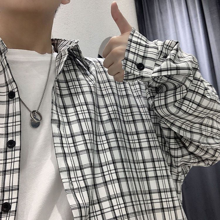 Plaid Shirt Men's Loose Hong Kong Style Retro Classic Korean Long-sleeved Shirt Men's Lazy Wind Coat Trendy Tops