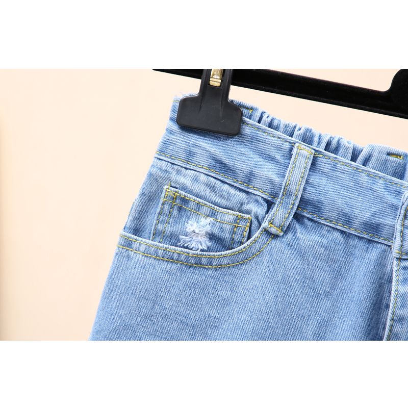  summer new style ripped jeans female elastic waist Korean version loose wide leg harem nine points daddy pants tide