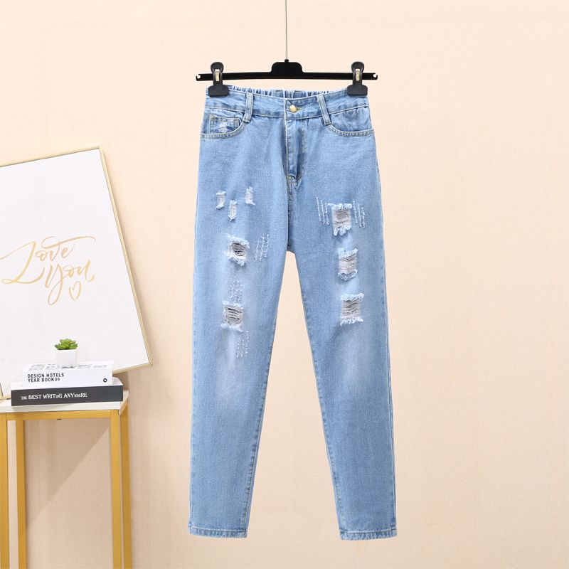  summer new style ripped jeans female elastic waist Korean version loose wide leg harem nine points daddy pants tide