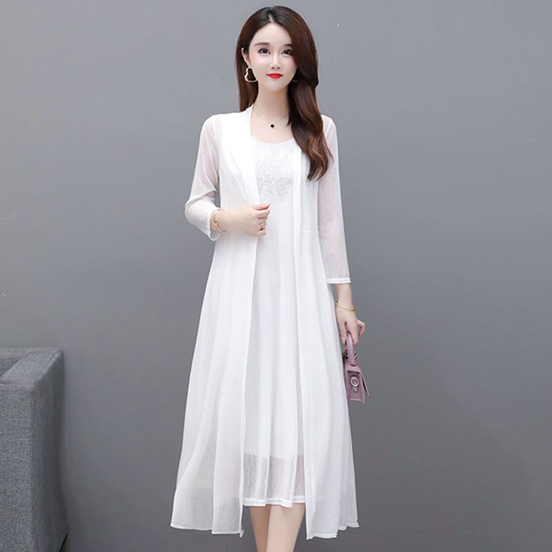 Chiffon Dress two-piece summer dress  new women's loose cover medium and long style over suit vest skirt