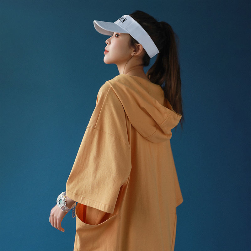 日系短袖卫衣女潮ins设计感小众宽松韩版2021夏季t恤工装外套薄款