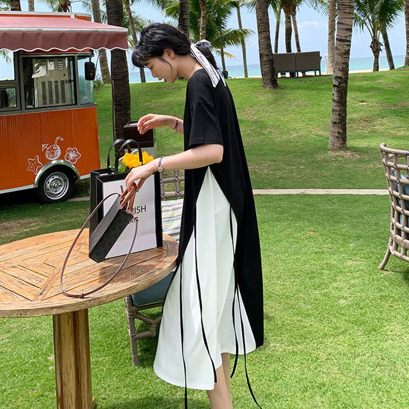 Fat MM Extra Large Size 300 Jin Pregnant Women Long Dress 2023 Summer Loose Tibetan Meat Slim Stitching Bandage T-shirt Dress