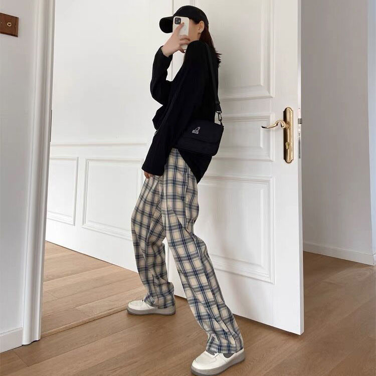 Plaid pants women's straight loose slim wide-leg pants fat sister plus size women's clothing autumn and winter clothing 2023 new trend