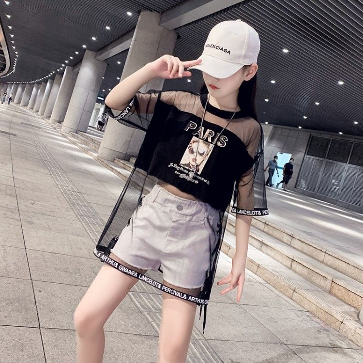 Girls' summer clothes 2022 new foreign style fashion trendy girls trendy products mesh short-sleeved shorts suit fashion girls
