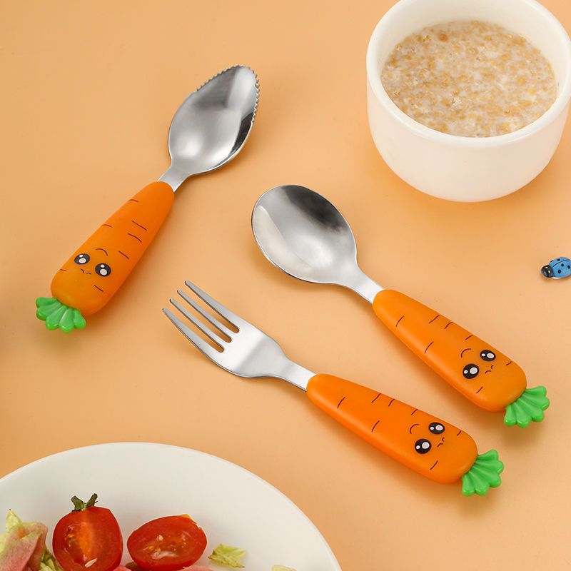 Cartoon spoon cute baby learns to eat stainless steel spoon short spoon fork baby children's tableware complementary food fruit mud scraper spoon