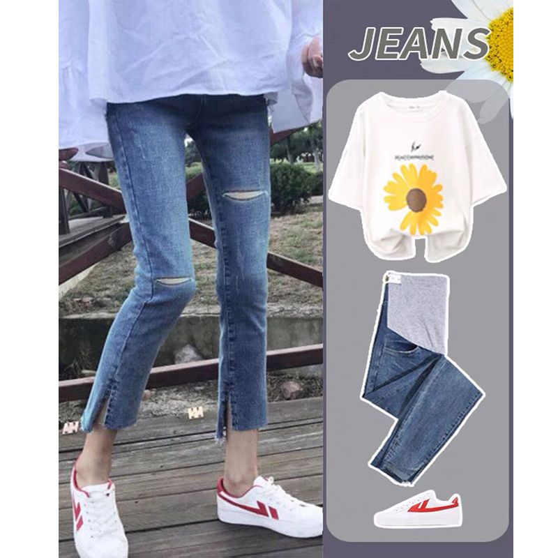 Xie Pregnancy Jiao Maternity Jeans Spring and Summer  New Outerwear Fashionable Autumn and Winter Trendy Mom Bottoming Belly Support Nine-Point Pants