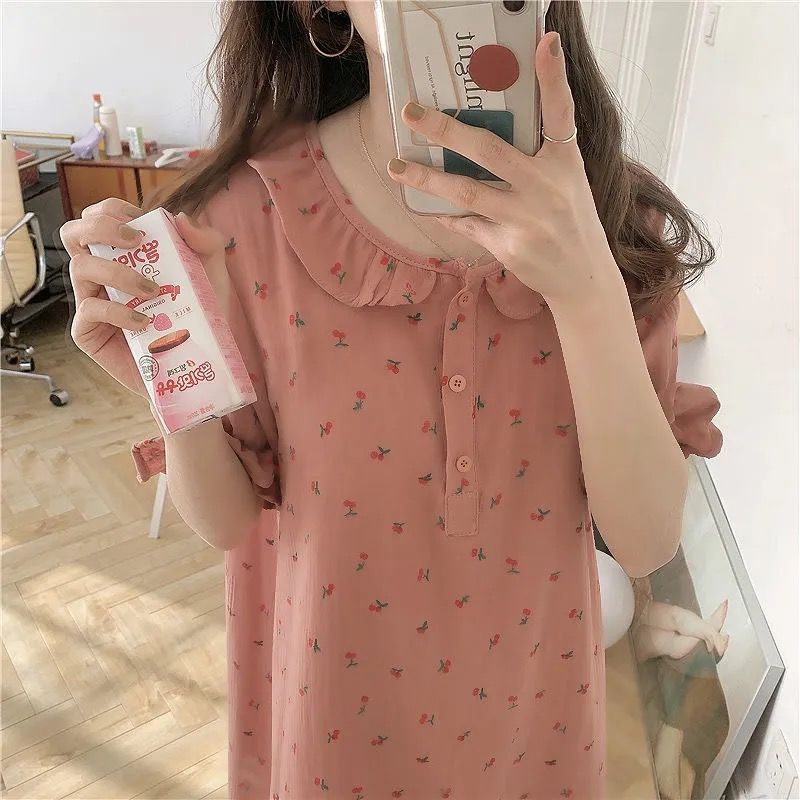 Ins nightwear girl summer net red sweet princess style nightdress girl can wear out home clothes long dress