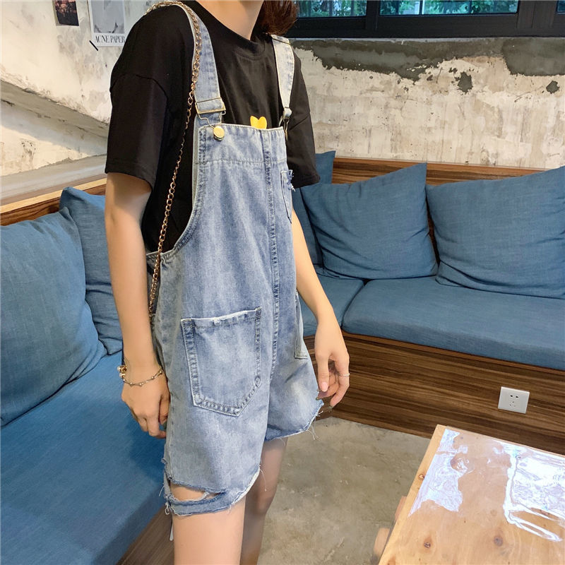 Summer large denim suspenders women's Korean loose shorts 2022 holes show thin straight tube high waist salt pants