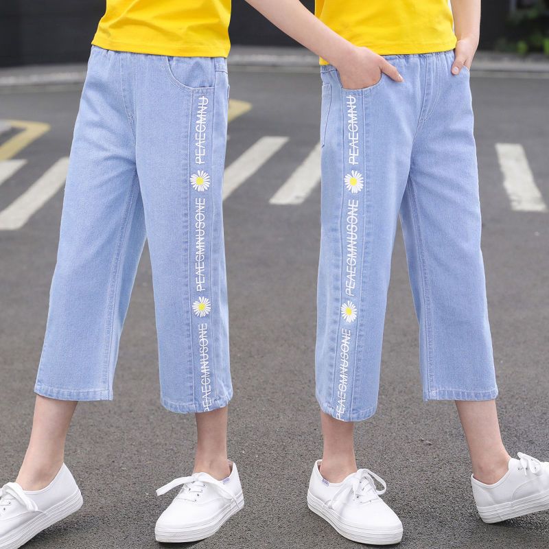 女童七分褲闊腿褲2023新款夏季牛仔褲洋氣時尚寬鬆女大童12歲褲子