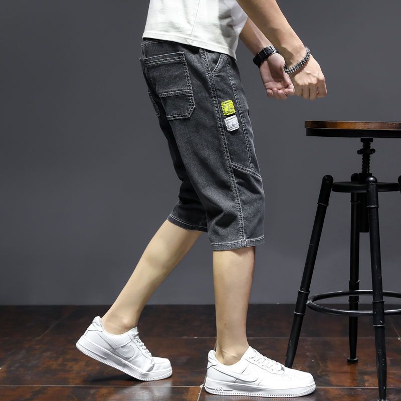 七分牛仔短裤男夏季薄款宽松直筒哈伦裤拼接贴标男生运动工装中裤