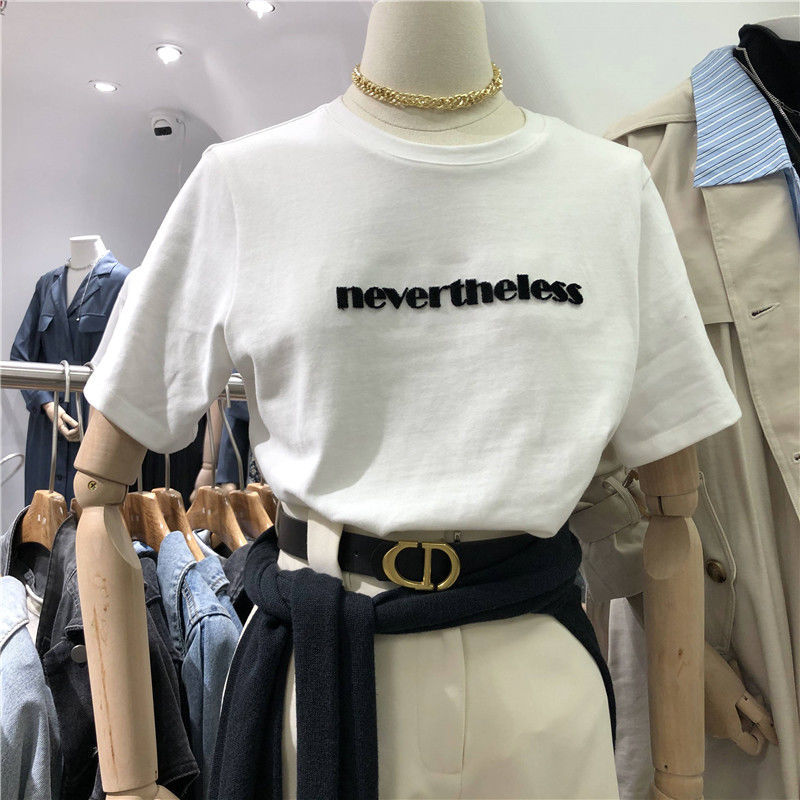 Internet celebrity ins super hot short-sleeved t-shirt women's summer dress 2021 new Korean version of the trendy all-match letters loose bottoming shirt top