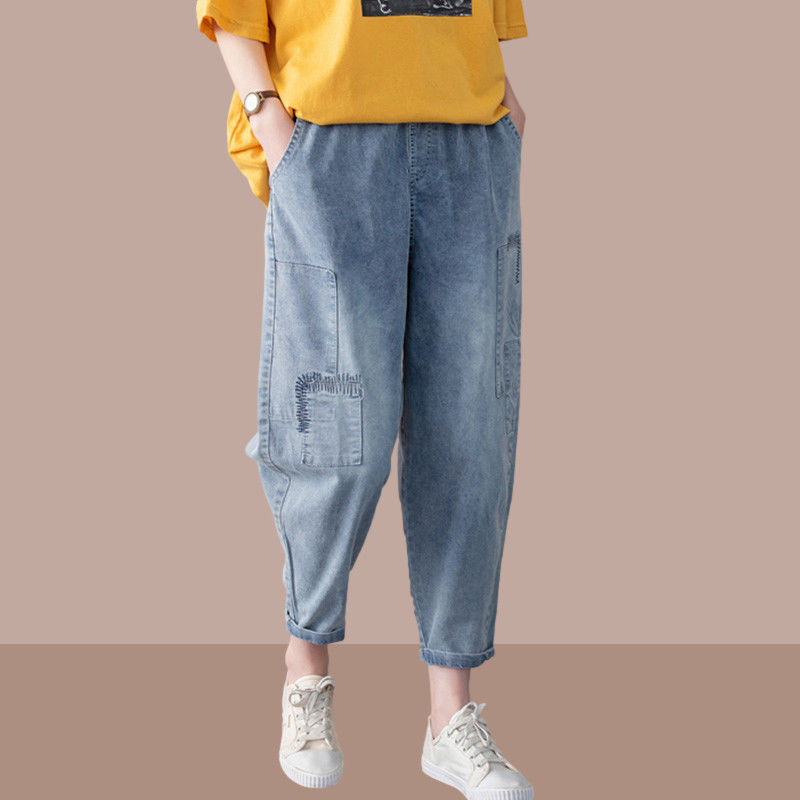 胖mm哈倫褲梨形身材2023夏裝顯瘦寬鬆牛仔褲薄款大碼女裝闊腿褲潮