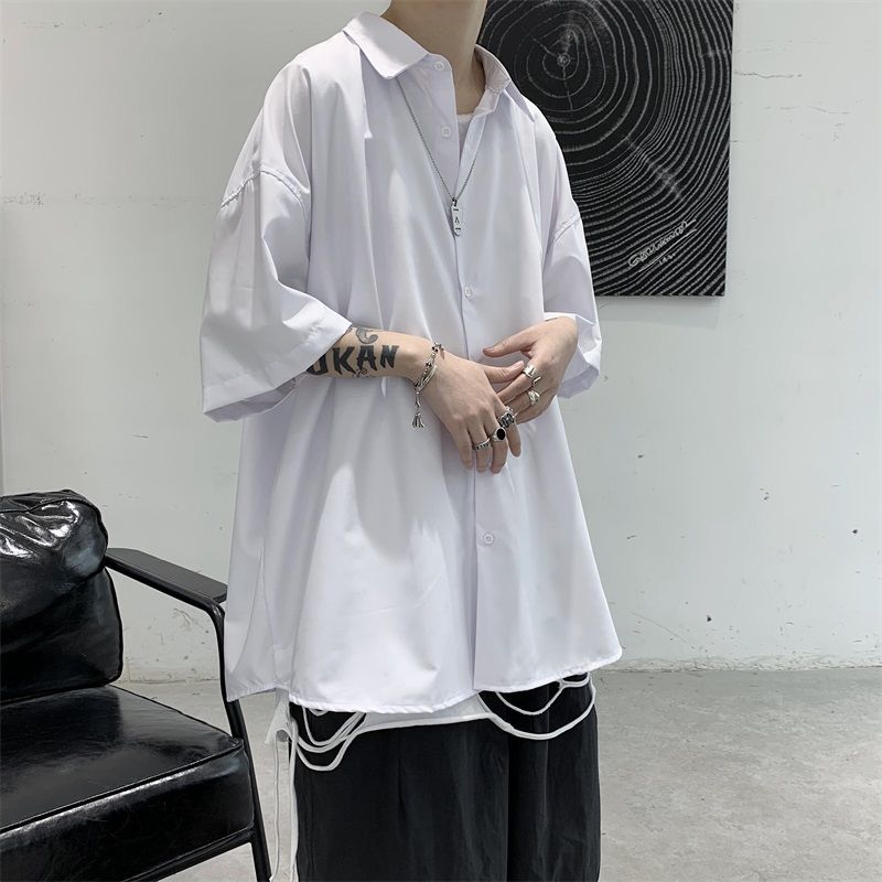 Hong Kong style drape trend ice silk shirt men's summer Japanese high-end sense thin section all-match casual shirt ins ruffian handsome
