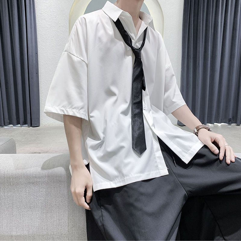 Shirt men's short-sleeved ruffian handsome tide ins Hong Kong style summer ice silk five-point sleeve DK uniform solid color casual shirt jacket