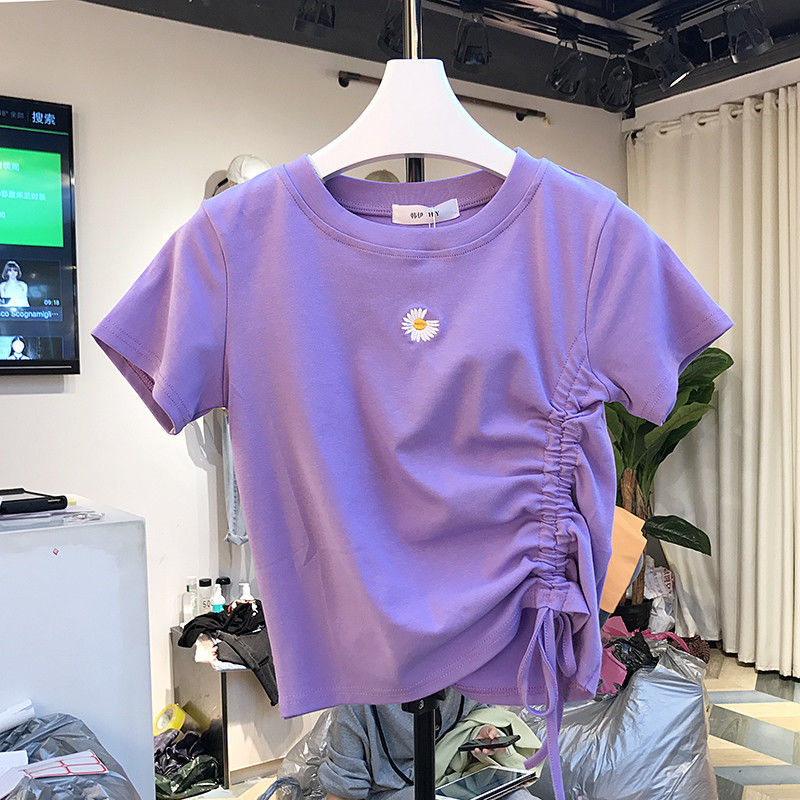 Short-sleeved t-shirt women's summer 2021 new Korean version of ins tide embroidery daisy design sense drawstring high waist short top