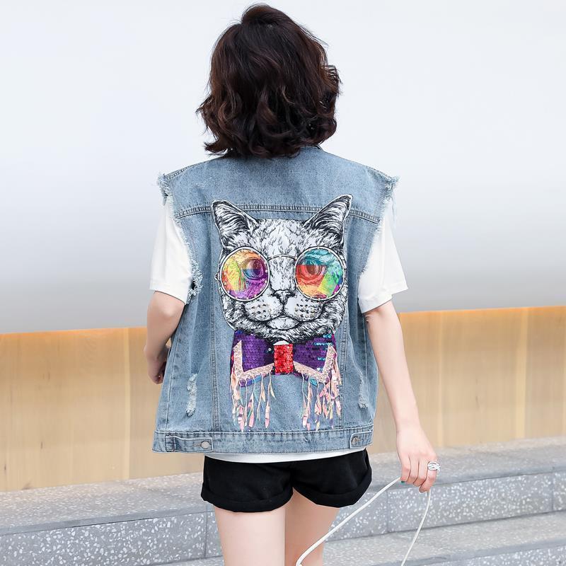 Design sense niche back cat denim vest female spring and summer new Japanese fried street tooling sleeveless vest jacket