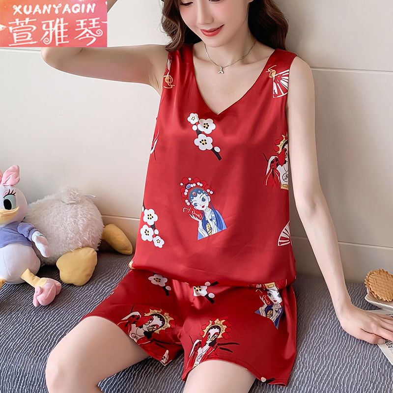 Pajamas Women's Summer Ice Silk Vest Sleeveless Suit Net Red Hot Style Sexy Summer Imitation Silk Homewear Can Be Worn Out