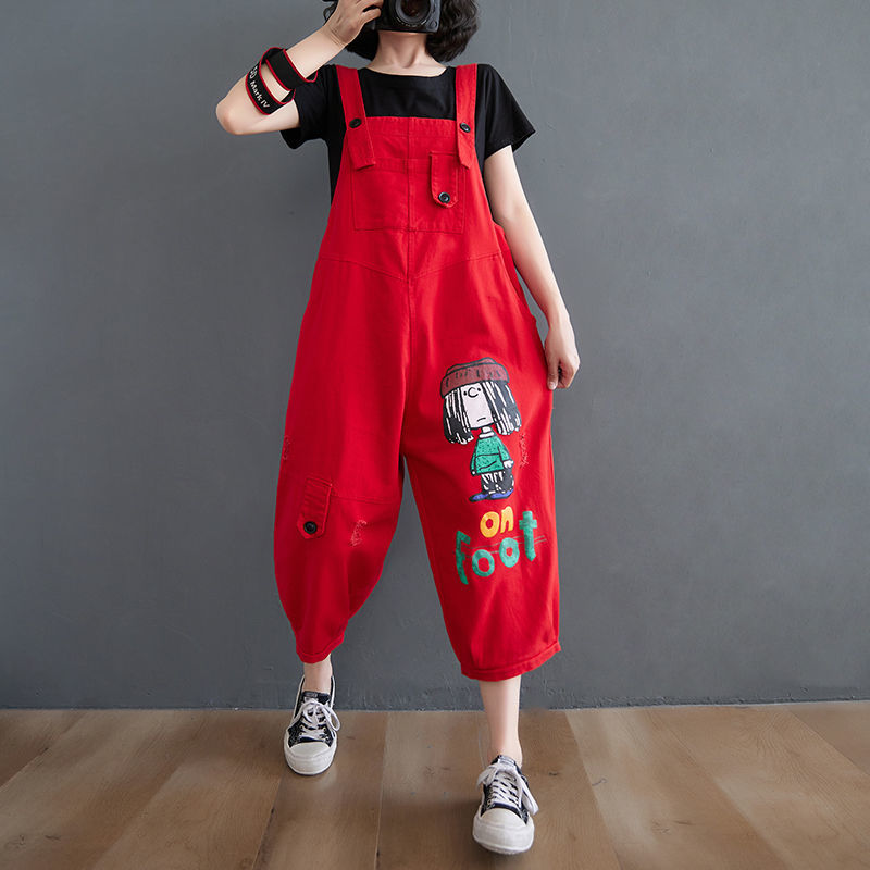 Cartoon printed ripped denim overalls casual fat mm large size women's pants loose age-reducing pants cropped jumpsuit