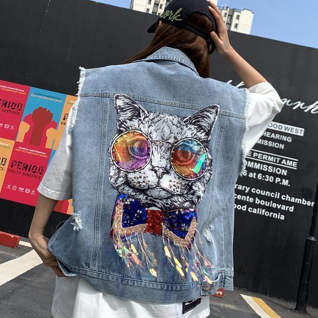 2020 spring and autumn Korean version cartoon sequin back cat denim vest student style loose vest jacket jacket trendy