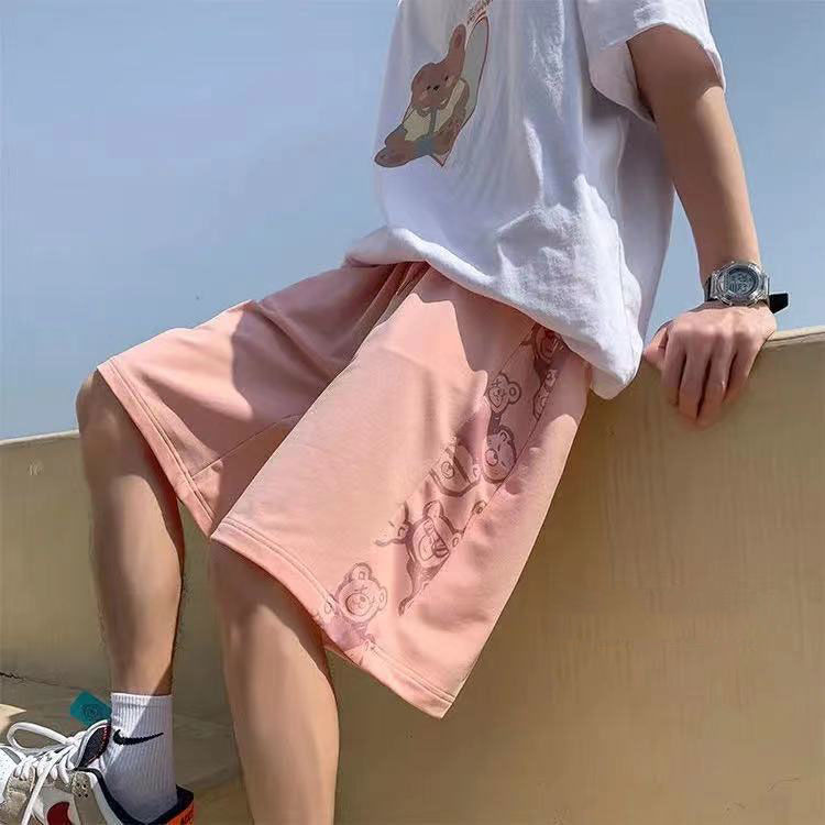 小熊拼接短裤女韩版夏季学生宽松运动篮球裤设计感小众沙滩五分裤
