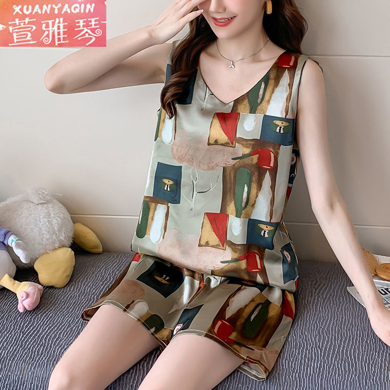 Pajamas Women's Summer Ice Silk Vest Thin Suit Net Red Hot Style Sexy Cartoon Sweet Summer Silk Home Service