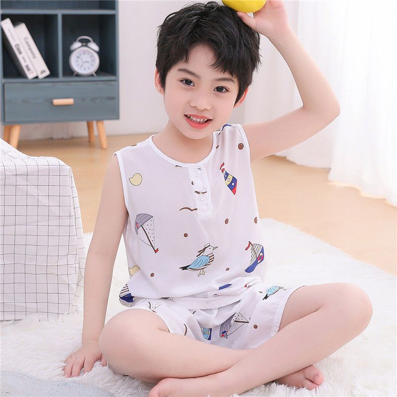 夏季兒童背心短褲睡衣套裝男童無袖綿綢家居服薄款女童小孩空調服