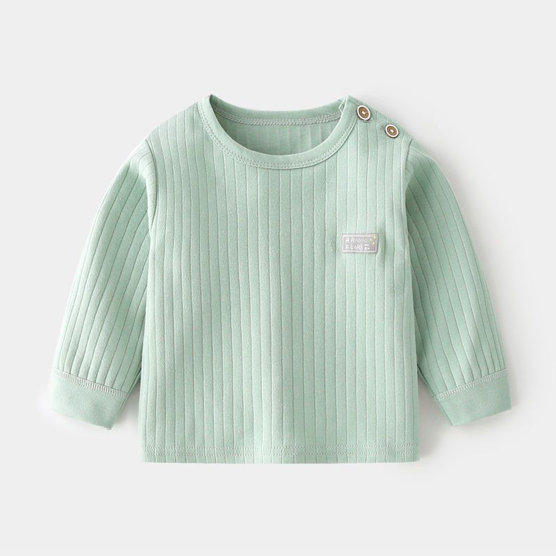 Baby cotton single upper autumn clothes jacquard children pullover spring and autumn baby underwear bottoming shirt children's clothing shoulder open T-shirt
