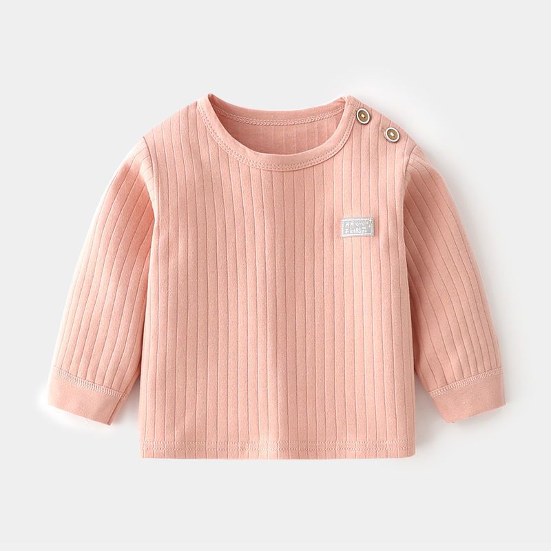 Baby cotton single upper autumn clothes jacquard children pullover spring and autumn baby underwear bottoming shirt children's clothing shoulder open T-shirt