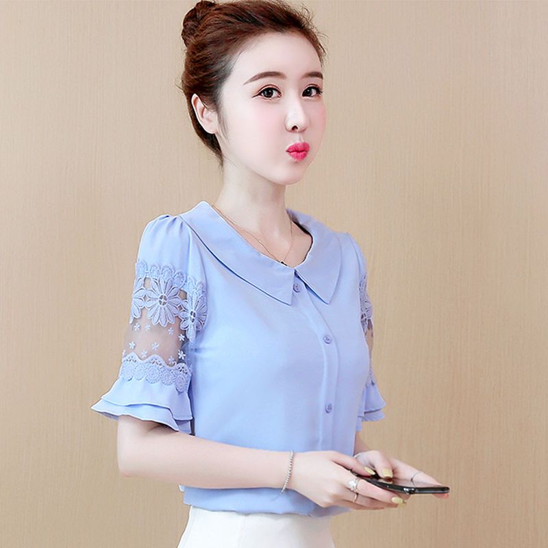 雪紡襯衫女設計感小眾短袖百搭很仙的襯衣女2023新款夏季洋氣上衣