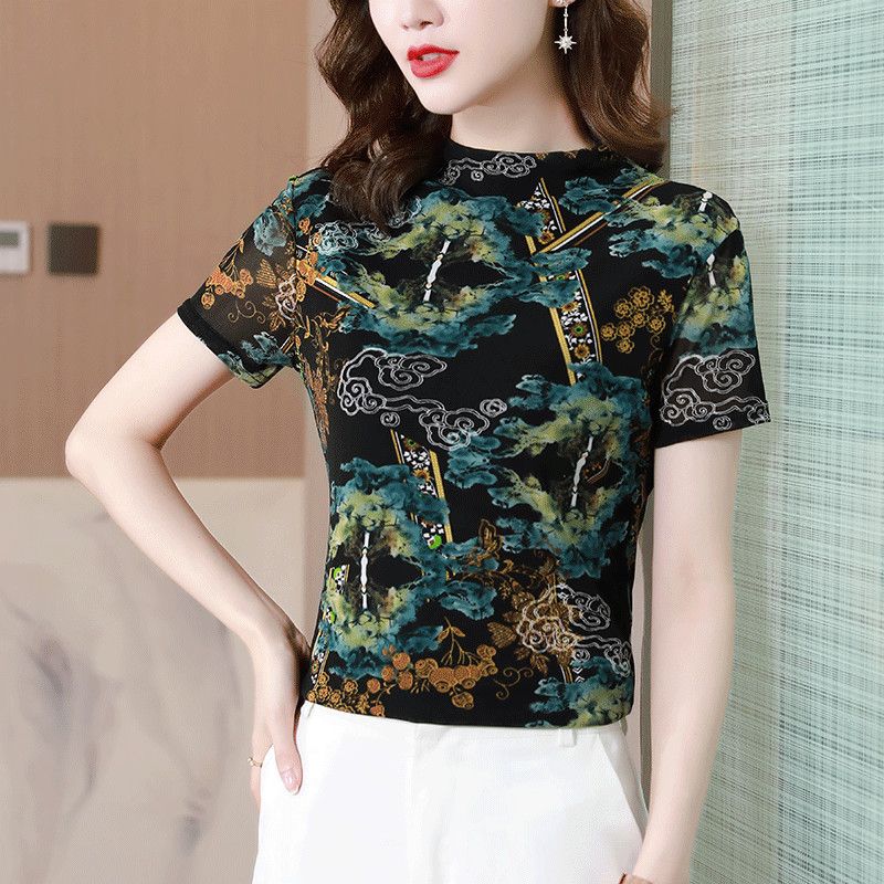 大码半高领短袖T恤女2021夏季新款网纱弹力中国风印花上衣打底衫