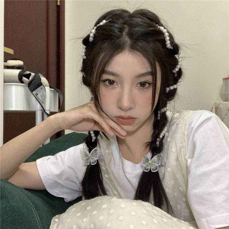 Yang Chaoyue's same style pearl braided hair chain side hair accessories bow hair clip headdress internet celebrity 2021 new style