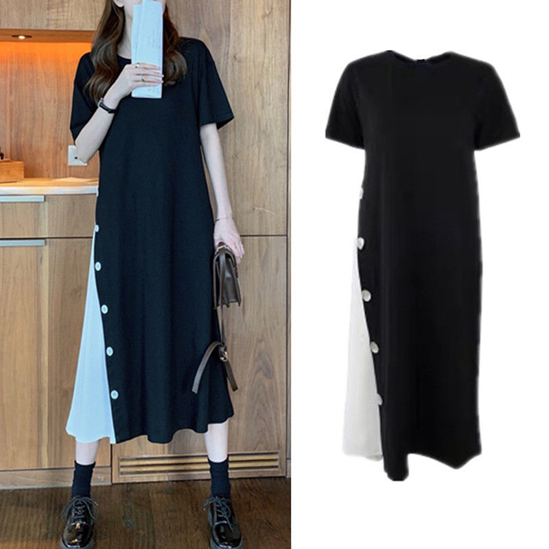 Fat MM extra large size 300 catties pregnant women T-shirt skirt 2023 summer loose hidden meat slim stitching fake two-piece dress