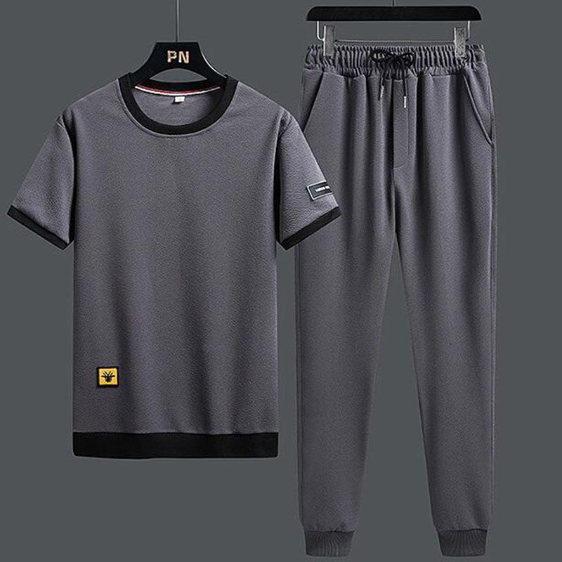Ice silk suit men's summer short-sleeved nine-point pants two-piece set sweat-absorbent breathable loose large size casual sports suit for men