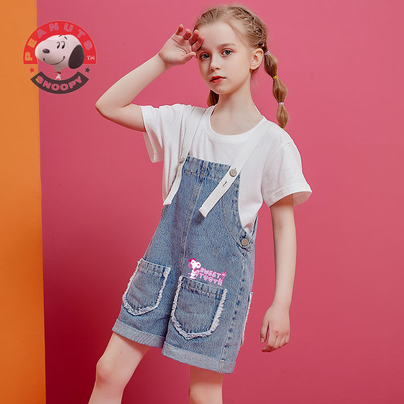 Snoopy children's clothing girls big children summer new denim overalls fashion Korean version of the all-match thin shorts